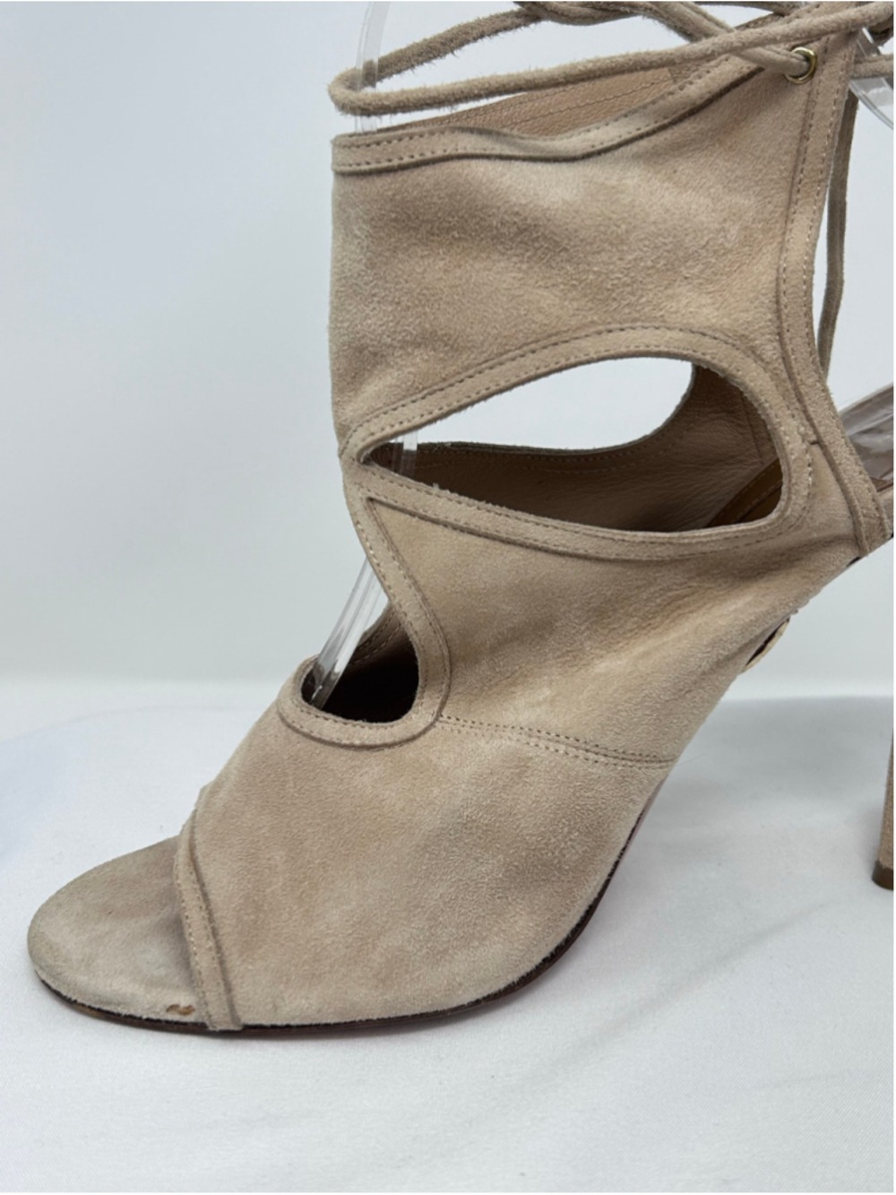 Aquazzura Sexy Thing Nude Beige Suede Lace Up Heels 38.5 Peep Toe - Picture 3 of 12